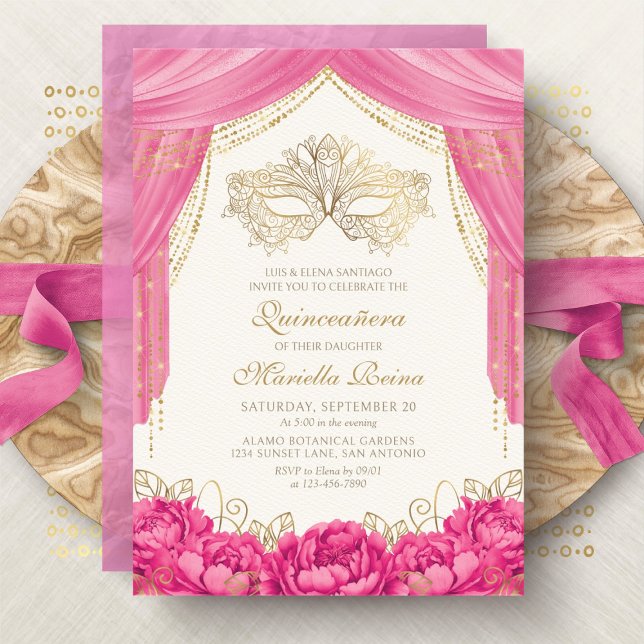 Hot Pink Elegante Masquerade Quinceanera Einladung (Von Creator hochgeladen)