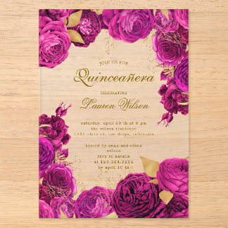 Hot Pink Exklusive Blumenquinceanera Acryleinladungen