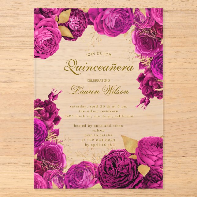 Hot Pink Exklusive Blumenquinceanera Acryleinladungen (Vorderseite)