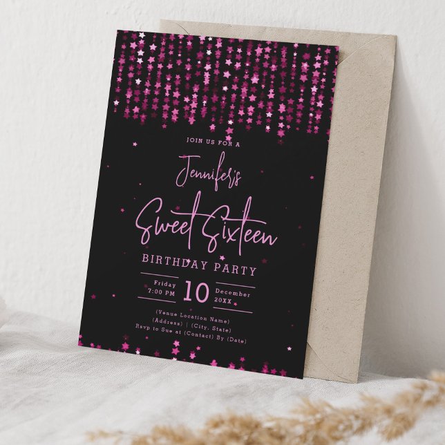 Hot Pink Falling Stars Sweet 16 Birthday Party Einladung (Hot Pink Falling Stars Sweet 16 Birthday Party Invitation)
