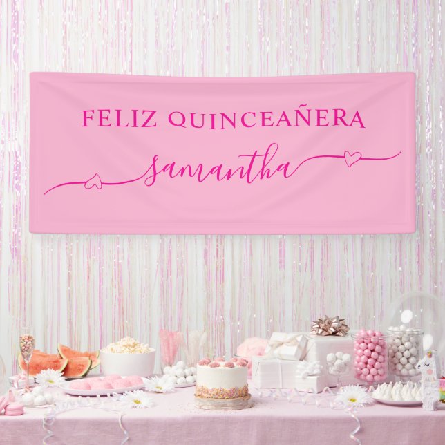 Hot Pink Feliz Quinceañera Herzschwätzname Banner (Party)