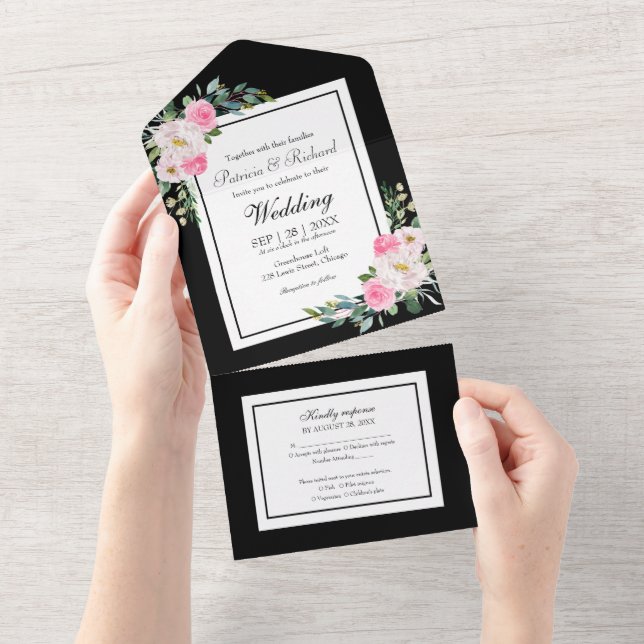 Hot Pink Floral Auf Schwarz Elegante Hochzeit All In One Einladung (Abreißen)