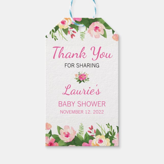 Hot Pink Floral Baby Dusche Vielen Dank Geschenkanhänger (Vorderseite)