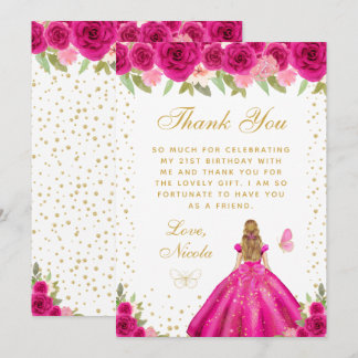 Hot Pink Floral Blonde Hair Princess Birthday Dankeskarte