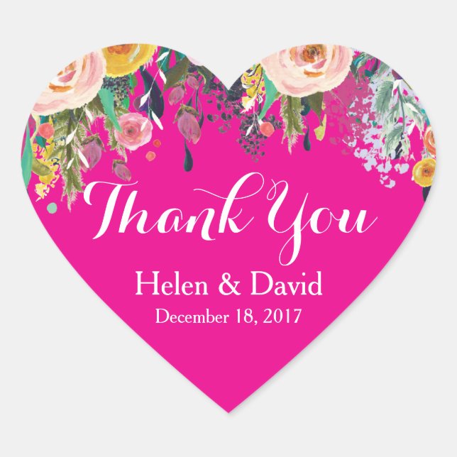 Hot Pink Floral Danke Gastgeschenk Hochzeit Aufkle Herz-Aufkleber (Vorderseite)
