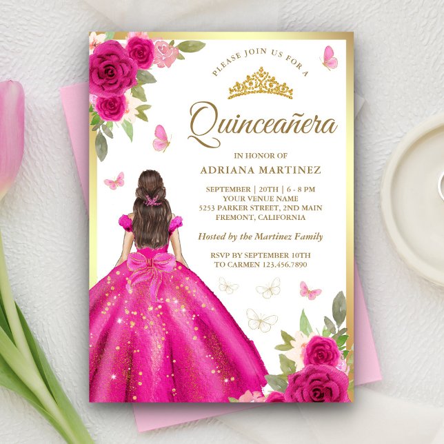 Hot Pink Floral Dress Butterfly Gold Quinceanera Einladung (Von Creator hochgeladen)