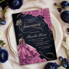 Hot Pink Floral Dress Quinceañera Einladung