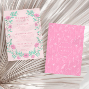 Hot pink floral elegante boho Hochzeitsdetails Begleitkarte