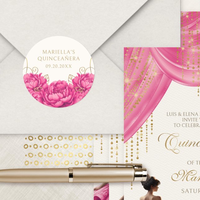 Hot Pink Floral Elegante Quinceanera Runder Aufkleber (Von Creator hochgeladen)