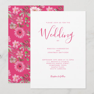 Hot Pink Floral Elegantes Wasserfarbenhochzeit Einladung