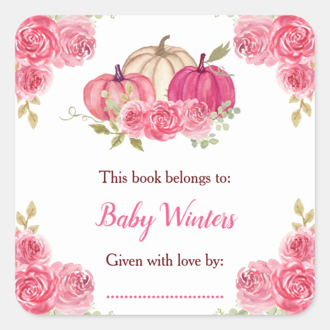 Hot Pink Floral Pumpkins Baby Dusche Quadratischer Aufkleber (Vorderseite)