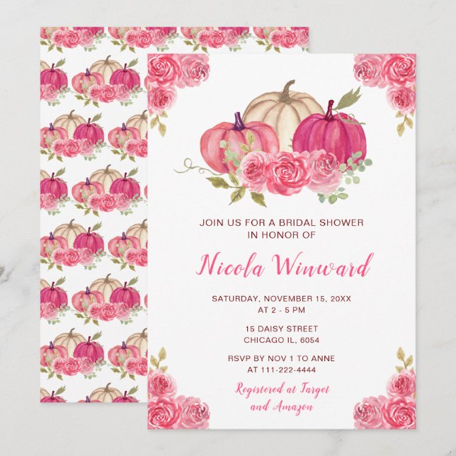 Hot Pink Floral Pumpkins Brautparty Einladung (Vorne/Hinten)