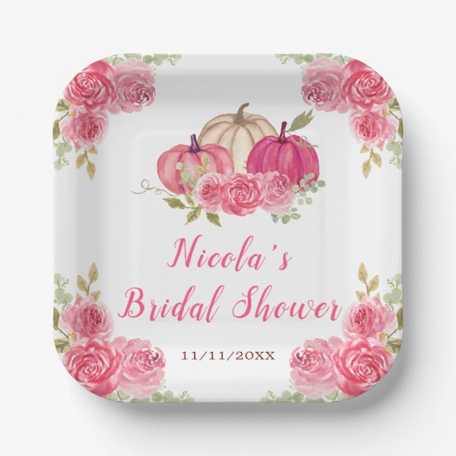 Hot Pink Floral Pumpkins Brautparty Pappteller (Vorderseite)