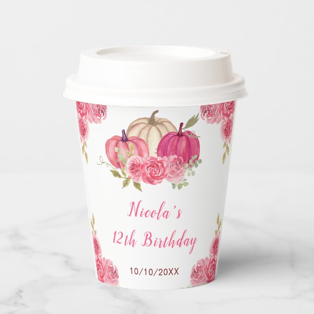 Hot Pink Floral Pumpkins Geburtstag Pappbecher (Vorderseite)