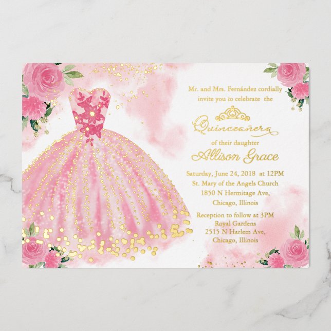 Hot Pink Floral Quinceanera Folieneinladung (Vorderseite)