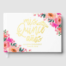 Hot Pink Floral Quinceanera Gästebuch
