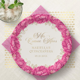 Hot Pink Floral Quinceanera Pappteller