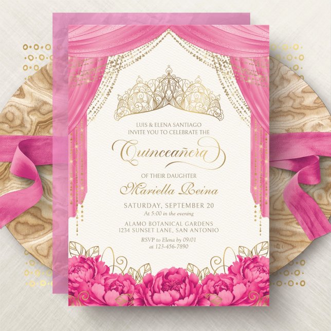 Hot Pink Floral Tiara Girly Quinceanera Einladung (Von Creator hochgeladen)