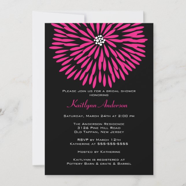 Hot Pink Flower on Black Bridal Shower Invitation Einladung (Vorderseite)