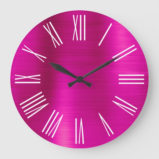 Hot Pink Foil White Roman Numerals Große Wanduhr (Vorderseite)