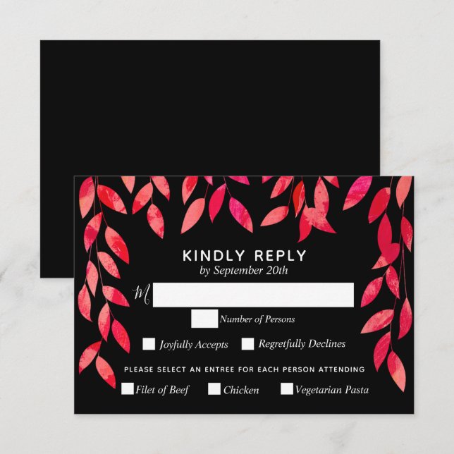 Hot Pink Foliage auf Schwarzer Hochzeit RSVP Karte (Vorne/Hinten)