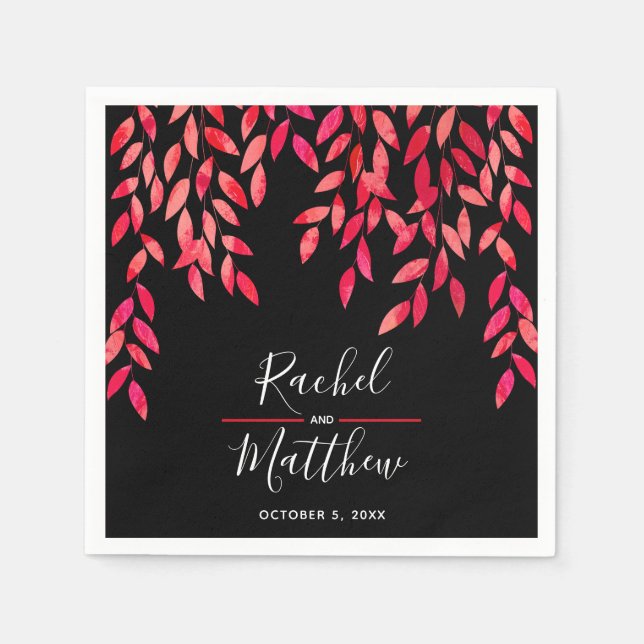 Hot Pink Foliage auf Schwarzer Hochzeit Serviette (Vorderseite)