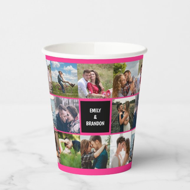 Hot Pink Foto Collage Wedding Papier Cups Pappbecher (Links)