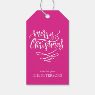Hot Pink Frohe Weihnachts-Script Weihnachtsbaumen Geschenkanhänger