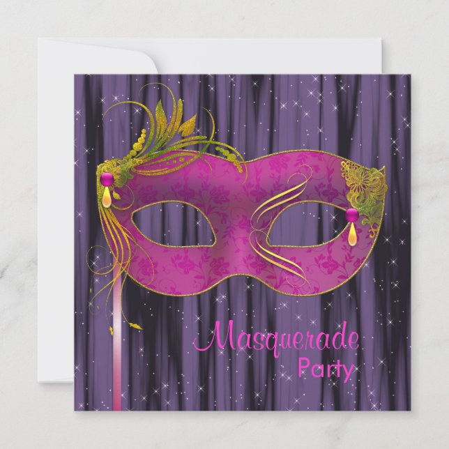 Hot Pink Fuchsia Lila Masquerade Party Einladung (Vorderseite)