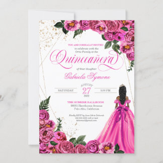 Hot Pink Fuchsia Rose & Gold und Gown Quinceañera Einladung