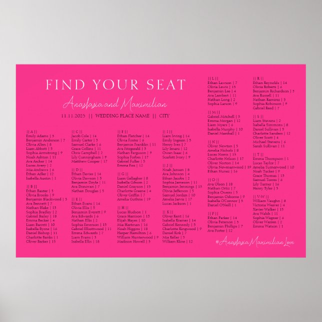 Hot Pink Fuchsia Wedding Alphabetical Seating Poster (Vorne)
