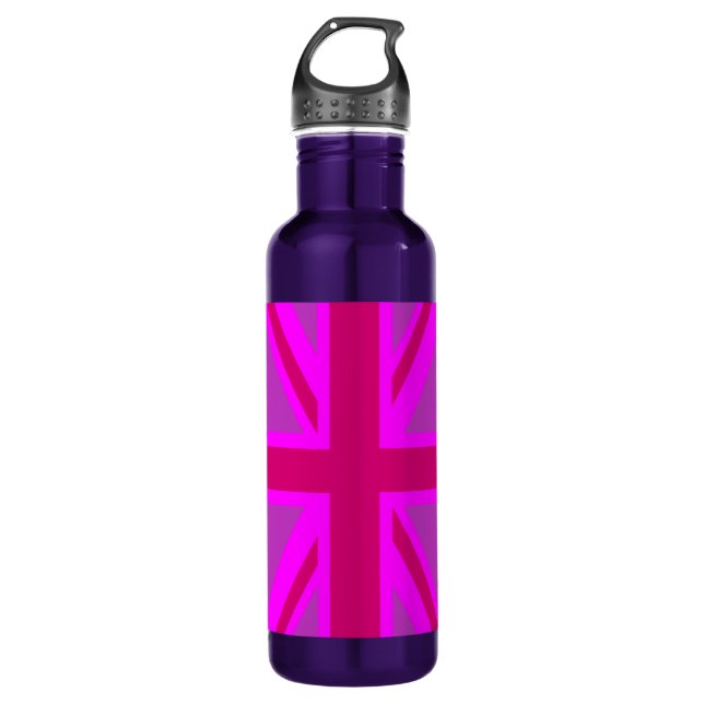 Hot Pink Fushia Union Jack Britische Flagge Hinter Edelstahlflasche (Vorderseite)