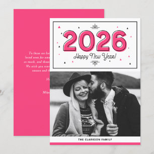 Hot Pink Geometric Typografy Foto Happy New Year Feiertagskarte