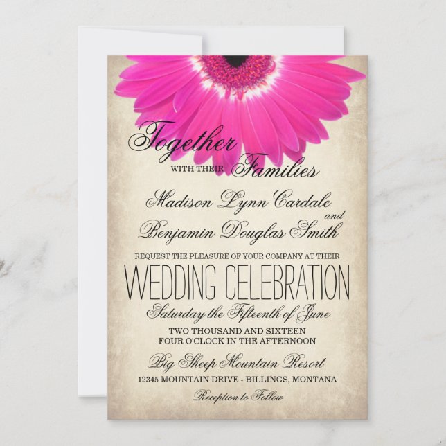 Hot Pink Gerber Daisy Rustic Wedding Einladungen (Vorderseite)