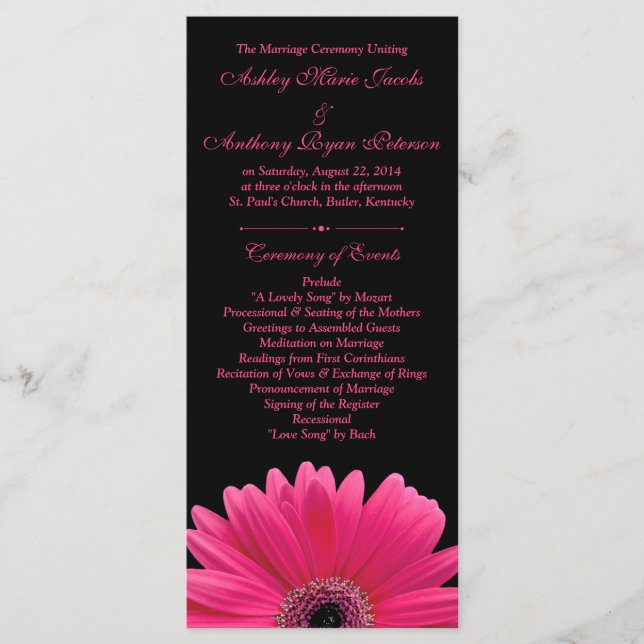 Hot Pink Gerbera Daisy Black Wedding Program Programm (Vorderseite)