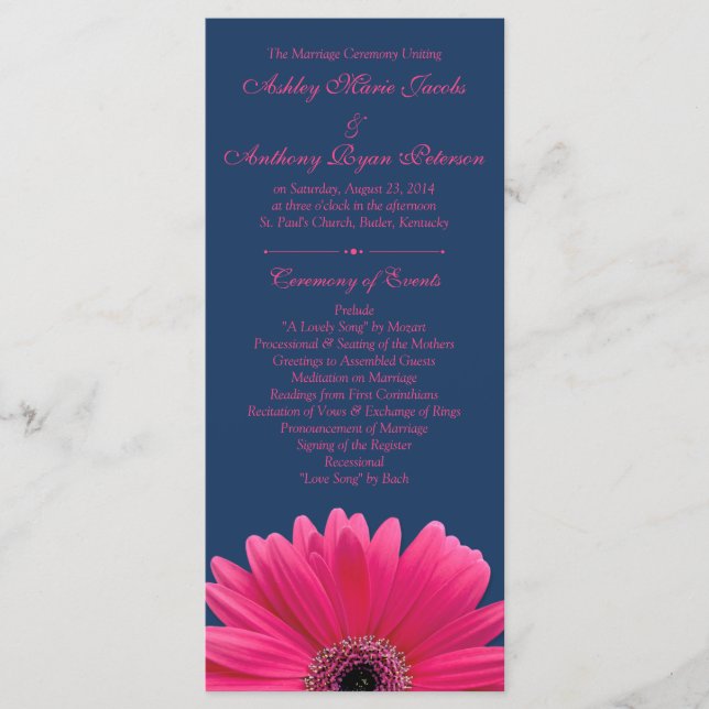 Hot Pink Gerbera Daisy Navy Blue Wedding Program Programm (Vorderseite)