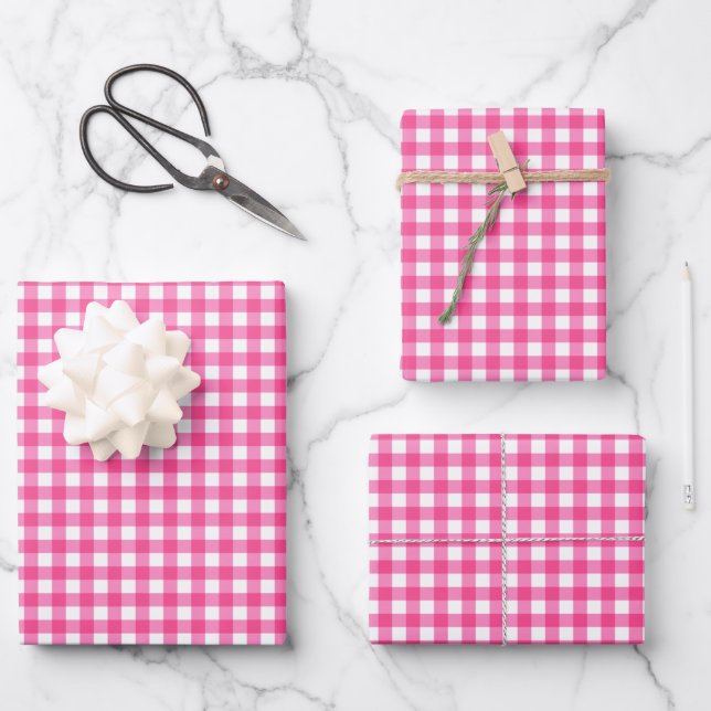 Hot Pink Gingham Karo Pattern Geschenkpapier Set (Vorderseite)