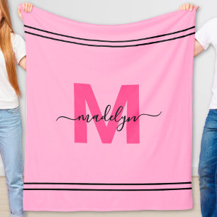 Hot Pink Girl Script Name Monogram Fleecedecke