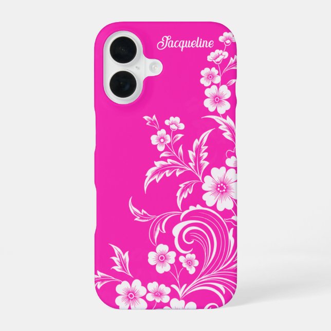 Hot Pink Glam Floral Swirl iPhone 16 Hülle (Rückseite)