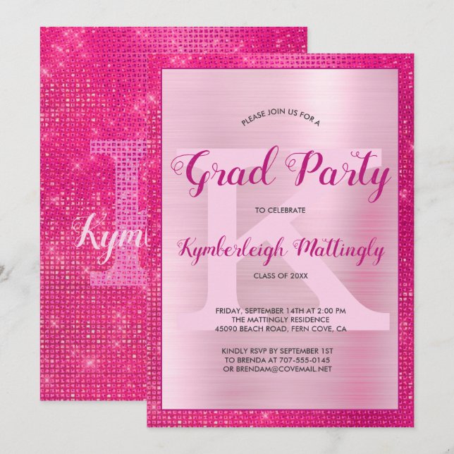 Hot Pink Glam Fun Diamant Sparkle Graduierungspart Einladung (Vorne/Hinten)