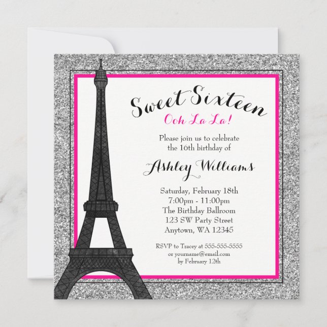 Hot Pink Glam Paris Themed Imitate Glitzer Sweet 1 Einladung (Vorderseite)