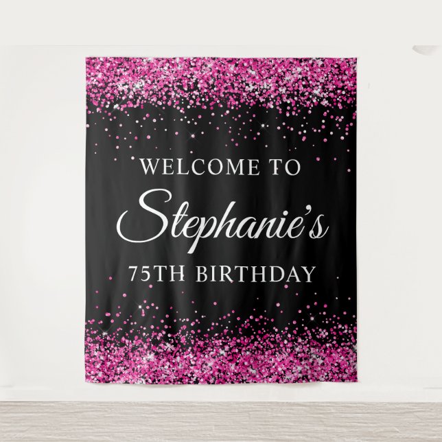 Hot Pink Glitter Black 75th Birthday Welcome Wandteppich (Vorderseite)