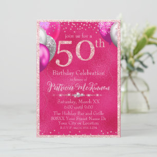 Hot Pink Glitzer Balloons 50. Geburtstag Einladung