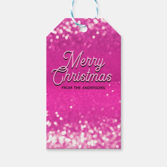 Hot Pink Glitzer Bokeh Benutzerdefinierter Text Geschenkanhänger (Vorderseite)