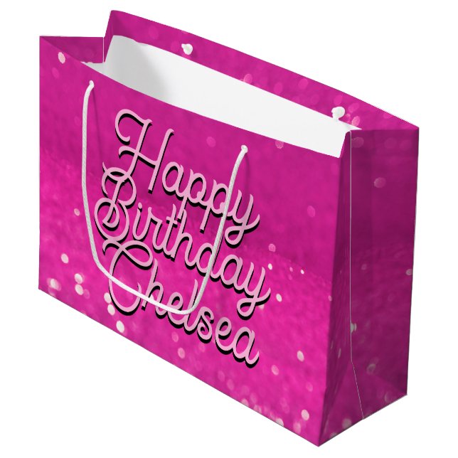 Hot Pink Glitzer Bokeh Benutzerdefinierter Text Große Geschenktüte (Vorderseite Schrägansicht)