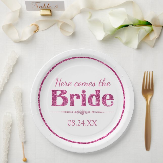 Hot Pink Glitzer Bridge and Diamonds Pappteller (Hochzeit)
