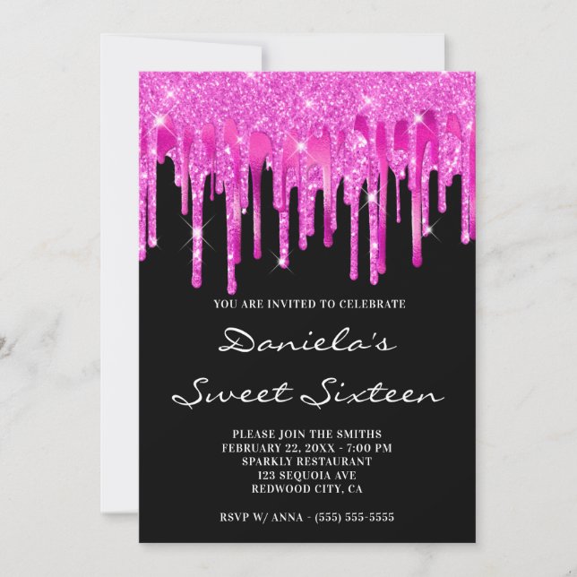 Hot Pink Glitzer Foil Tropfens Black 16 . Geburtst Einladung (Vorderseite)