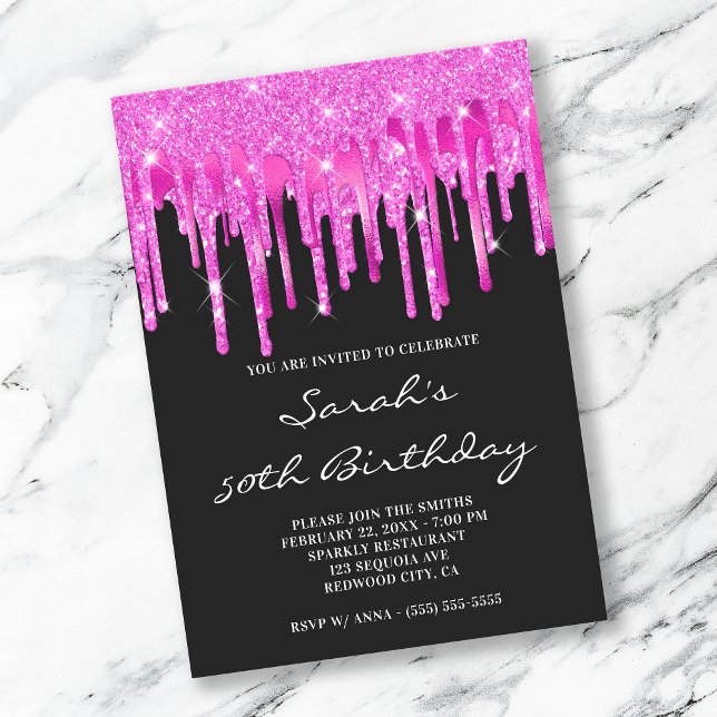 Hot Pink Glitzer Foil Tropfens Black 50. Geburtsta Einladung (Von Creator hochgeladen)