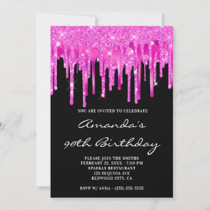 Hot Pink Glitzer Foil Tropfens Black 90. Geburtsta Einladung