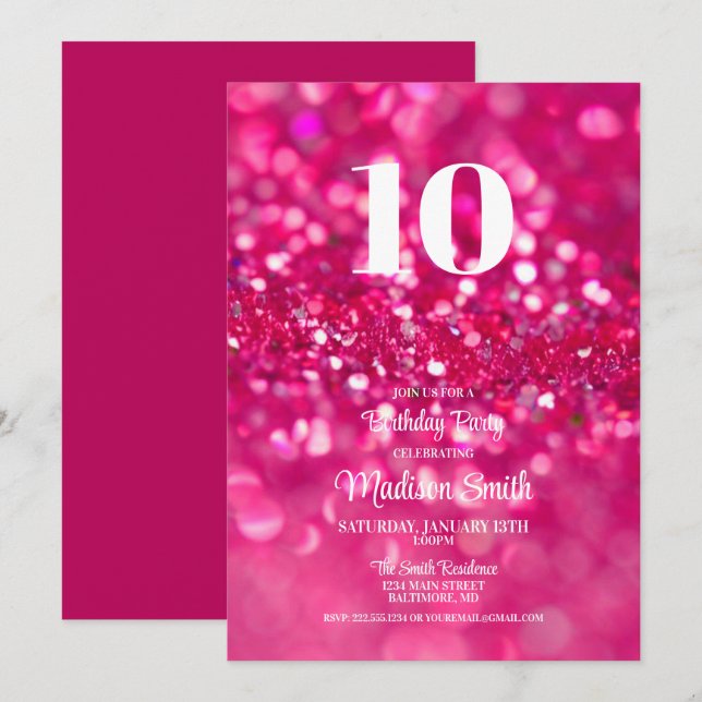 Hot Pink Glitzer Glam 10. Geburtstag Einladung (Vorne/Hinten)